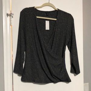 Ann Taylor cross over sweater navy with gold metallic thread